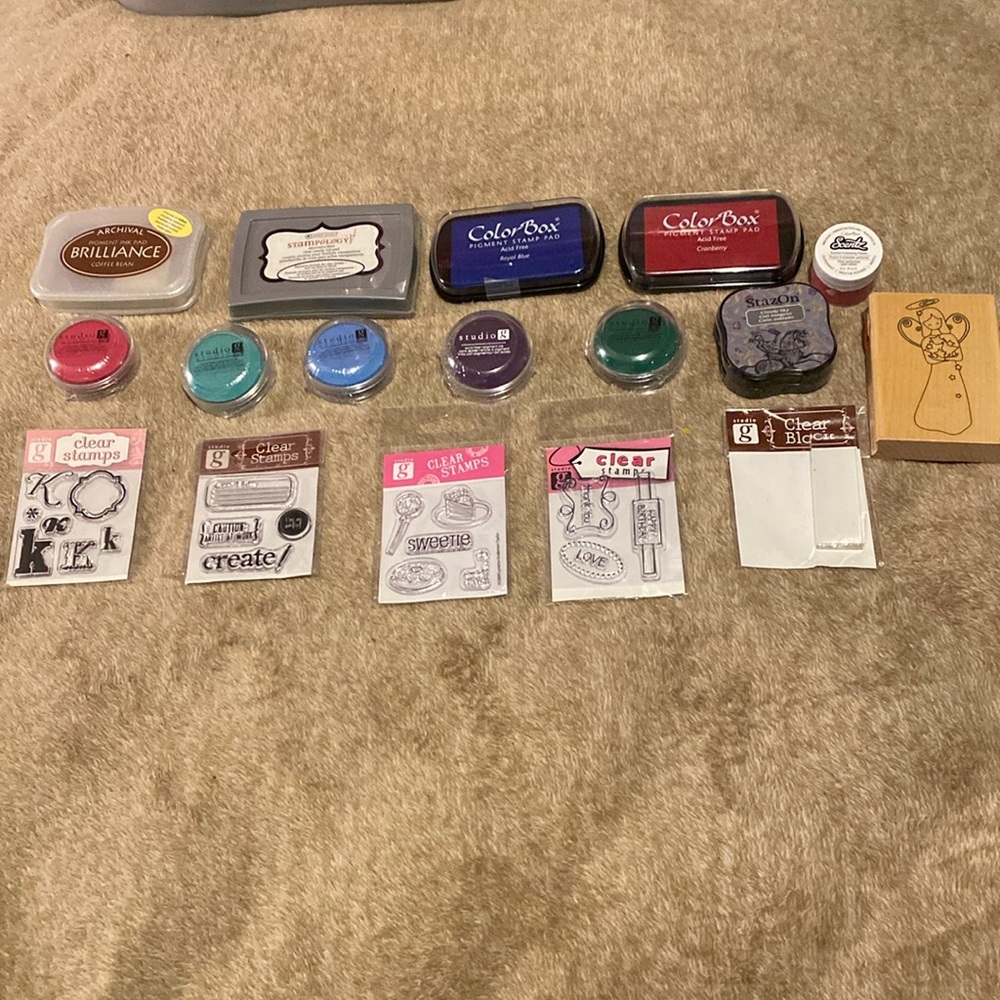 Stamp pads, clear stamps scented embossing powder, angel stamp
